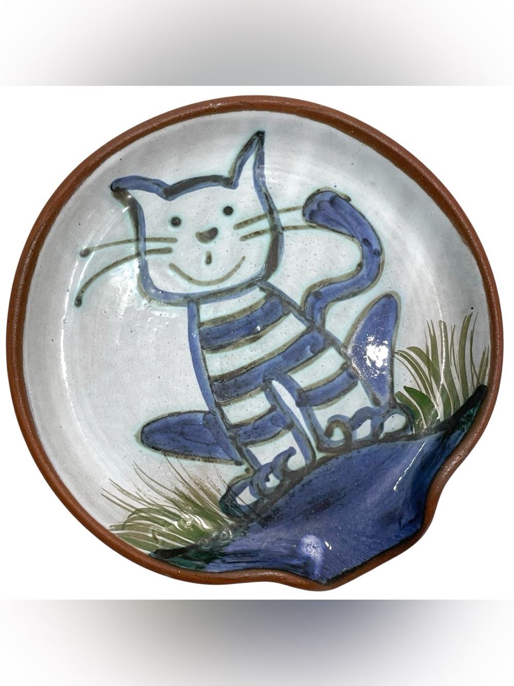 Vintage 1990s Topferei Brandl Melk Austria Signed Cat Pottery Art Spoon Rest